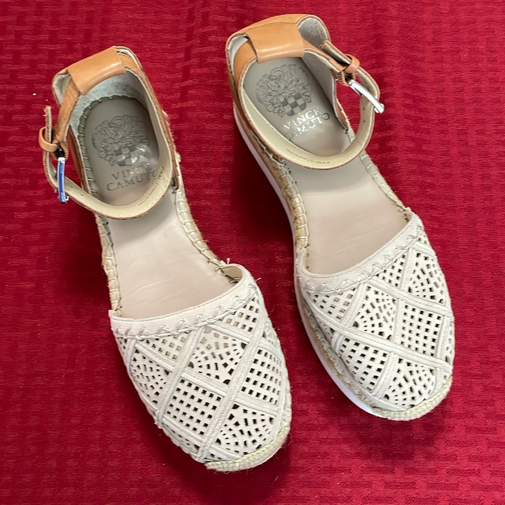 Vince Camuto Woven Cream and Tan Platforms